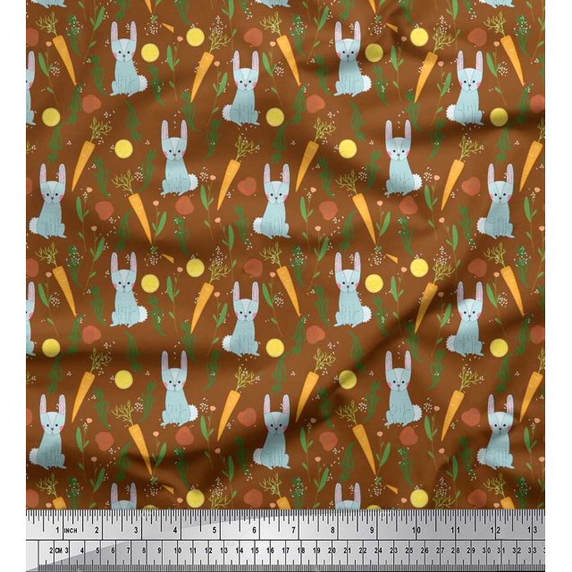 Soimoi Polyester Crepe Fabric Leaves,Carrot & Rabbit Kids Printed Fabric 1 Yard 52 Inch Wide