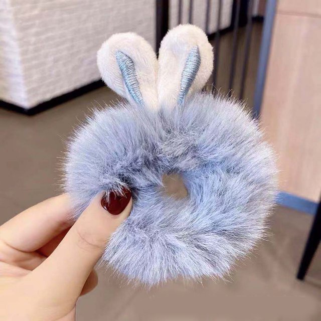 Furry Hair Rings Elastic Hair Band Rope Hair Tie Ear Fuzzy Furry Hair Rings Cute Ponytail Holder Elastic Hair Band Rope Hair Accessories For Women GirlsBlue