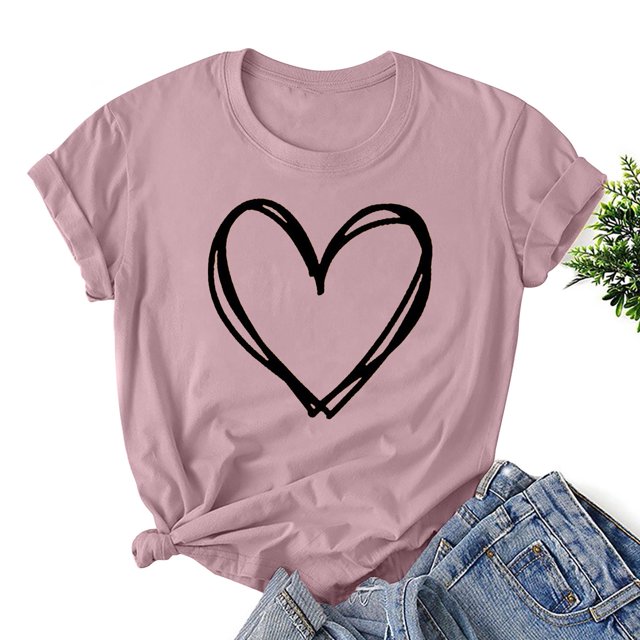 Styesk T-Shirts pour Femmes Confortables Doux Col Rond T-Shirts Chandail Mode Léger Manches Courtes T-shirt Saint-Valentin Graphique Décontracté Grande Taille Hauts Imprimé Cœur Hauts de Sortie