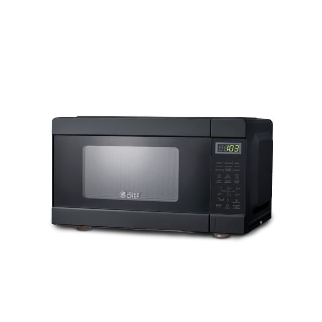 COMMERCIAL CHEF 0.9 Cu Ft Microwave with 10 power levels, black countertop microwave with digital controls, push button, child lock, timer, quick-touch menu, and LED display showing 1:03, featuring a glass turntable and compact design ideal for fast heating and defrosting.