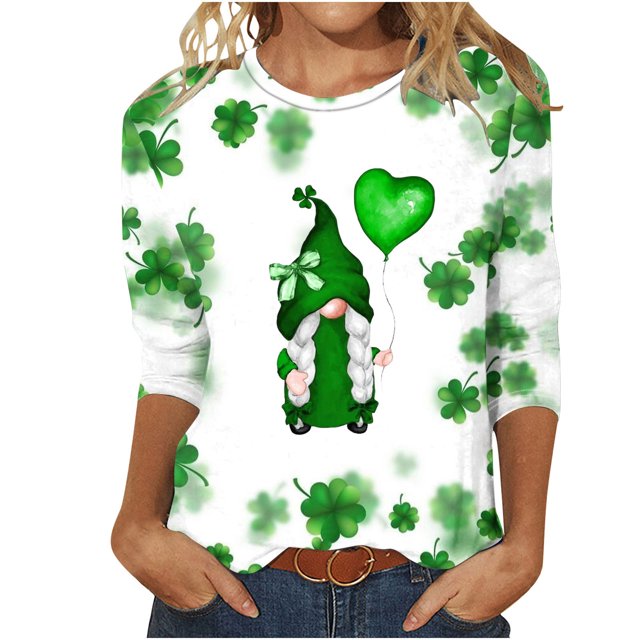 Besolor Hauts pour Femmes de la Saint-Patrick Tendance Manches 3/4 T-Shirts Imprimés Shamrock Col Rond Mignon Tunique de la Saint-Patrick T-Shirt Hauts