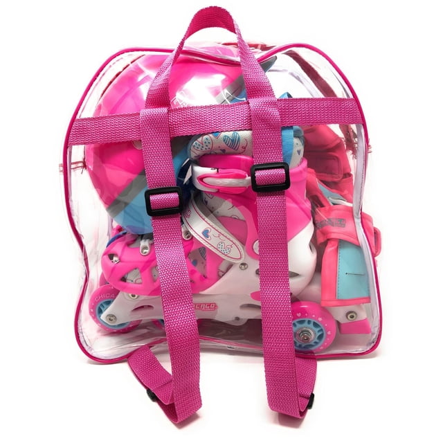 Chicago Skates Adjustable Pink Inline Skates Combo Set inside a clear backpack with pink straps, showing pink and white adjustable inline skates with blue wheels, a pink helmet, wrist guards, and knee pads, designed for kids' safe skating and training.