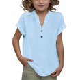 thumbnail image 1 of DecSea Linen Shirts for Kids 2025 Summer Button Down V Neck Short Sleeve Tops Casual Solid Blouses, 1 of 6