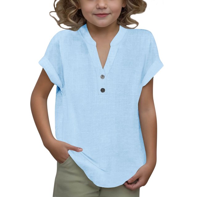 DecSea Linen Shirts for Kids 2025 Summer Button Down V Neck Short Sleeve Tops Casual Solid Blouses