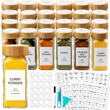 LuxeLine 24-Pack Glass Pantry Jars with Bamboo Lids | 4oz Square Storage Containers, Dispenser Tops & Labels | Drawer & Cabinet Organizer