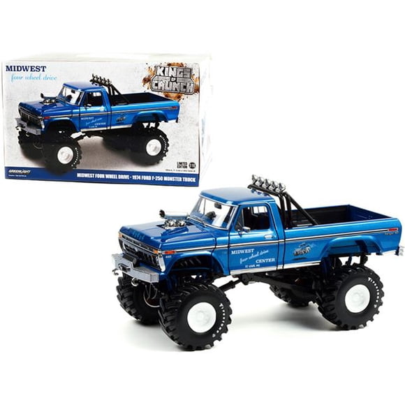 Greenlight 13605 Échelle 1-18 Midwest Quatre Roues Motrices Centre 1974 Ford F-250 Ranger XLT Monster Voiture Miniature Moulée sous Pression, Bleu Métallique