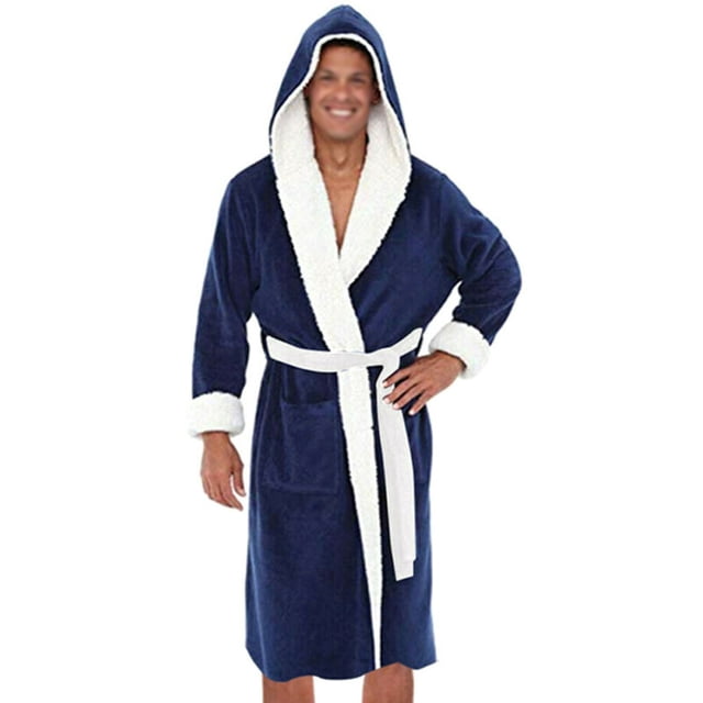 Innerwin Bath Robes Hoodie Men's Wrap Robe Winter Long Sleeve Soft Dressing Gown Navy Blue White 2XL