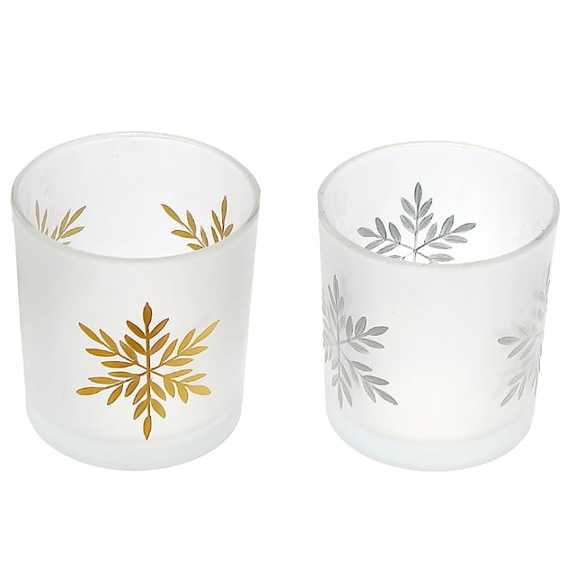 Porte-bougies Chauffe-Plat en Verre Givré (Flocon de Neige) (Asstd) - Ensemble de 2 Présentant des Porte-Gobelets en Verre Givré avec des Décalcomanies de Flocons de Neige Dorés et Argentés, Mesurant 2,87 par 3,15 Pouces, Parfaits pour la Déco des Fêtes et pour Ajouter une Lueur Chaleureuse aux Bougies, Aussi Adaptés comme accents Décoratifs pour Toute l'Année.