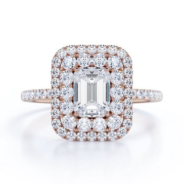 JeenMata Bague de Fiançailles en Moissanite Taille Émeraude de 1,5 Carat - Bague Nuptiale - Bague à Double Halo - Bague Grappe - Or Noir 18k Plaqué sur Argent
