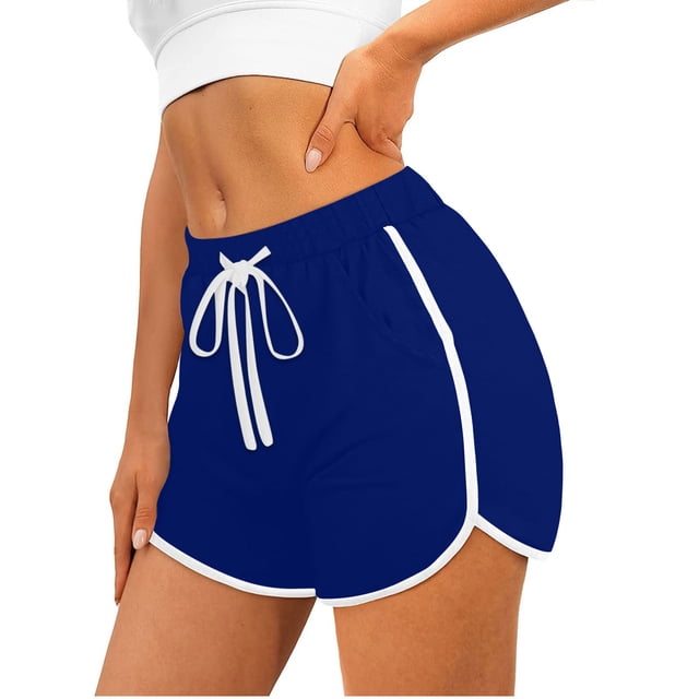 VKOYWKM Workout Shorts for Women Solid Color Dolphin Hem Exercise Shorts Drawstring Waisted Running Athletic Gym Shorts with Pockets