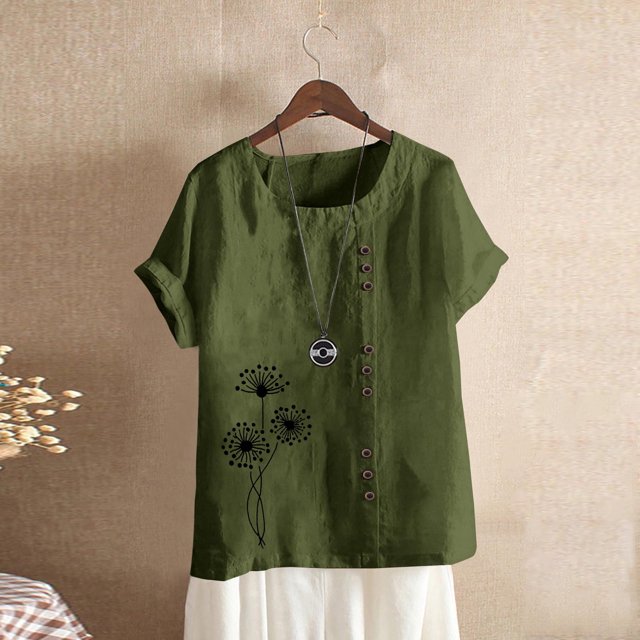 Pisexur Femmes Été Coton Lin Tops 2024 Mode Pissenlit Graphique Surdimensionné T-Shirts Casual Été Blouse Col Rond Manches Courtes Tops