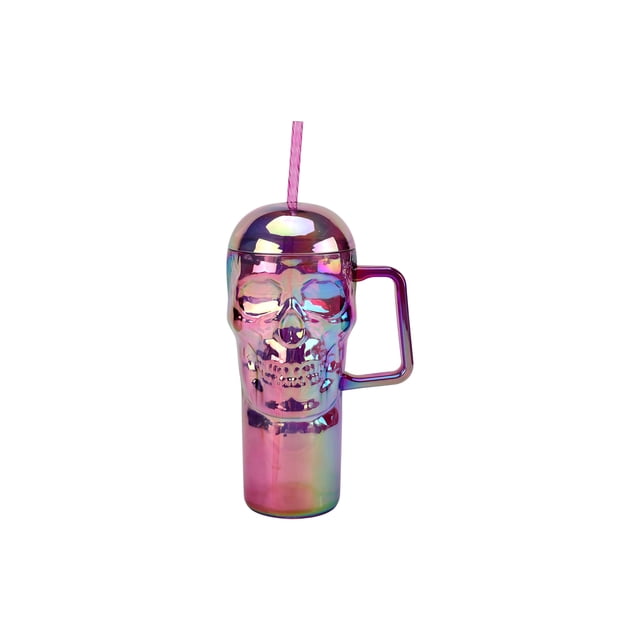 Way To Celebrate 31,6 oz Crâne en Acrylique Violet Iridescent Tumbler avec une Forme de Crâne Orientée vers l'Avant, Fini Violet Iridescent, Poignée Côté Droit, Couvercle en Dôme Assorti et Paille Violette Torsadée, Sans BPA et Lavable au Lave-Vaisselle, Convient à la Vaisselle de Fête d'Halloween.