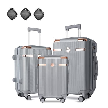 IMHome Luggage 3pc Set with GPS Tracker (Silver) | Lightweight & Durable ABS Polycarbonate | 360° 4x Dual Spinner Wheels | TSA-Approved Lock | 3 GPS World Smart Tags | Retractable Iron Handle