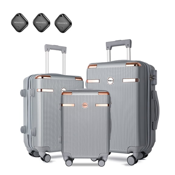 IMGadgets Go Luggage Ensemble de 3 Pcs (Argent) / ABS Polycarbonate Léger et Durable / Roues Pivotantes Doubles 4x à 360° / Serrure Approuvée TSA / 3 Étiquettes Intelligentes GPS Mondiales / Conception Spacieuse / Poignée en Fer Rétractable