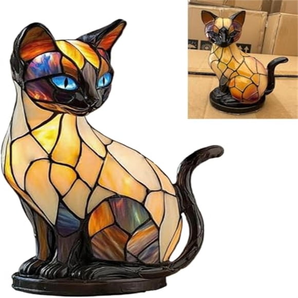 HCBY Stained Glass Cat Lamp 6.3"x4.7"x3.5", Resin Kitty Shaped Table Night Light, Handcrafted Cute Cat Decor for Bedroom, Warm Glow USB Lamp for Living Room Office Shelf