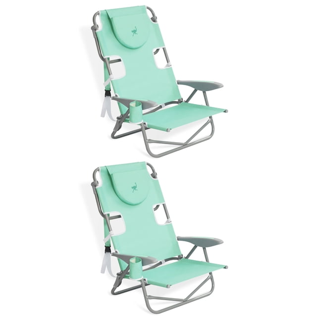 Ostrich Chaise de Pelouse Extérieure Pliante Inclinable sur le Dos, Turquoise (Lot de 2), Conçue pour la Plage et la Détente en Plein Air avec une Cavité pour le Visage Fermable Brevetée, des Fentes pour les Bras et des Sièges en polyester Turquoise Extra-Larges Soutenus par un Cadre en Acier durable. Comprend des Sangles de Sac à Dos pour un transport Facile et un Porte-Gobelet Intégré pour Plus de Commodité. Chaque Chaise Offre 5 positions d'Inclinaison Réglables et s'Asseoit à 9 Pouces du Sol. Dimensions : 46 x 27