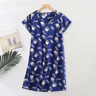 Chemise de Nuit pour Femme Grande Taille, Mignonne à Imprimé de Dessins Animés, Manches Courtes, Robe de Nuit en Tricot de Coton, Douce à Col Rond, Ample, Tenue d'Intérieur par Hontri