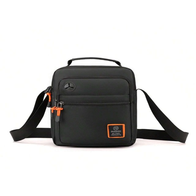 JUNWELL 1 PC Men‘s Chest Pack Crossbody Bag in black, made of durable nylon with a plain pattern. Features a square design with multiple compartments, adjustable shoulder straps, and a zipper closure. Medium-sized shoulder bag measuring 26 cm in length, 11 cm in width, and 20 cm in height, with a strap length of 120 cm. Suitable for leisure and everyday use.