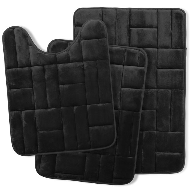 Clara Clark Bathroom Rugs, Velvet Memory Foam Bath Mat, Ultra Soft Non Slip and Absorbent - Tiled - Set Small, Large & Contour - Black