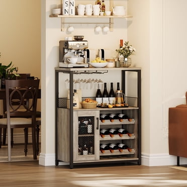 BeesClover Wine Bar Cabinet, Liquor Cabinet with Detachable Wine Rack, Small Coffee Bar with Storage & Glass Holder, Mesh Door, Buffet Sideboard for Dining Room Kitchen Living Room