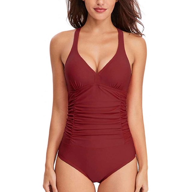 Women's One Piece Swimsuits Ruched Tommy Control Swimwear V Neck Sexy Back Crossover Swimming Bathing Suits