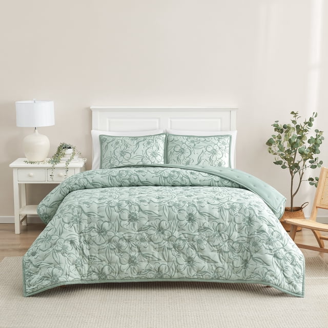Mainstays Queen Comforter Set, Soft Lightweight & All Season, 3-Piece, Blue Floral
