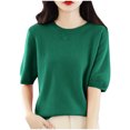 thumbnail image 2 of AherBiu Hauts d'Été pour Femmes Col Rond Manches Mi-Longues Chemises Unies Décontractées Coupe Ample T-Shirts Basiques Blouses, 2 of 4