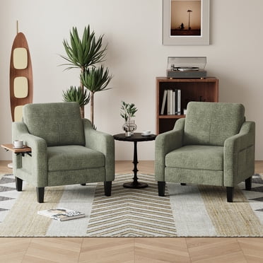 MALOL Ensemble de 2 Fauteuils d'Appoint Modernes avec Table Pliante, 2 Poches Latérales, Fauteuil de Salon Rembourré en Tissu et Bois, Canapé une Place pour Chambre/bureau/salon, Vert