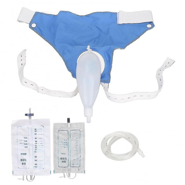 Newway Wearable Urine Bag with Pee Catheter Duct, featuring a silicone urine connector and adjustable elastic waistband. Includes two high-capacity urine bags (1000ml and 2000ml) and a catheter tube. Designed for male patients with urinary incontinence, mobility issues, or bedridden conditions. The blue wearable urinal is skin-friendly, reusable, and prevents backflow leakage. Suitable for elderly or disabled individuals.