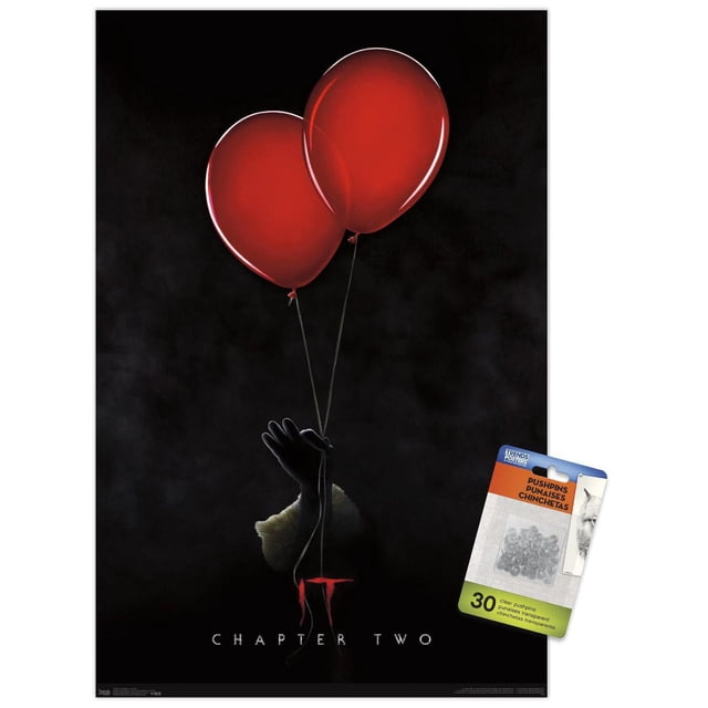 IT : Chapitre 2 - Affiche Murale Teaser One Sheet, 22,375 Po x 34 Po Présentant une Vue Centrée de devant d'Un Ballon Rouge Ganté de Noir Tenant à la Main Deux Ballons Rouges par Leurs Cordons sur un Fond Noir, avec « IT Chapitre Deux » Texte en Blanc et Rouge au Bas, Convient à la Décoration Murale de Chambre, Bureau Ou Fête.