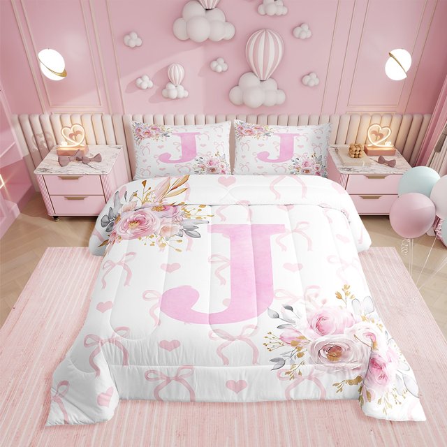Erosebridal Floral Initial Letter J Bedding King Comforter Set, Monogrammed Down Comforter, Anniversary Decor, Reversible