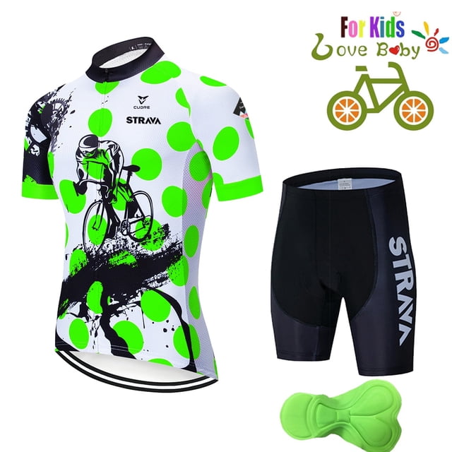 Summer KIDS Cycling jersey Wear Strap Suit Set Ropa with Gel Pad MTB Bicycle Children Child boys. The set includes a short-sleeve cycling jersey with a vibrant green polka dot design and a matching pair of black cycling shorts featuring the 'STRAVA' logo. Made from 100% polyester, the outfit is lightweight, breathable, and quick-drying, with a Coolmax gel cushion for added comfort. Designed for cycling, MTB racing, and outdoor sports, it features anti-slip bands on both the jersey and shorts for a secure fit. Available in sizes XS to 4XL.