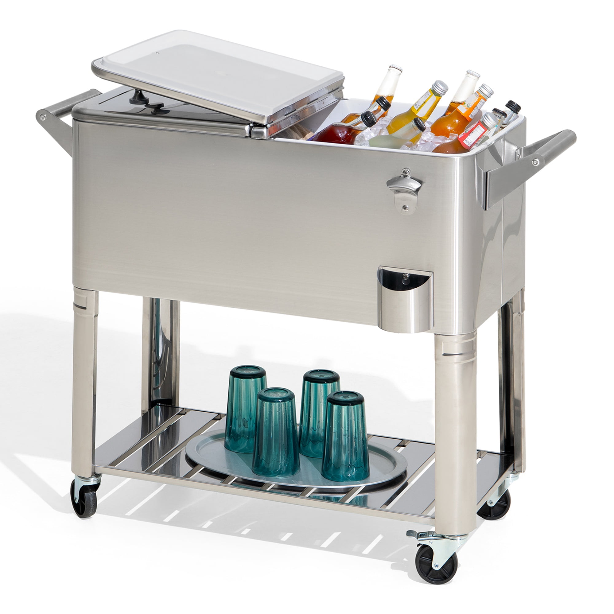 Sunjoy 80 Quart Patio Cooler Cart Stainless Steel Rolling Ice Chest With Steel Bottle Opener, Shelf And Lockable Wheels