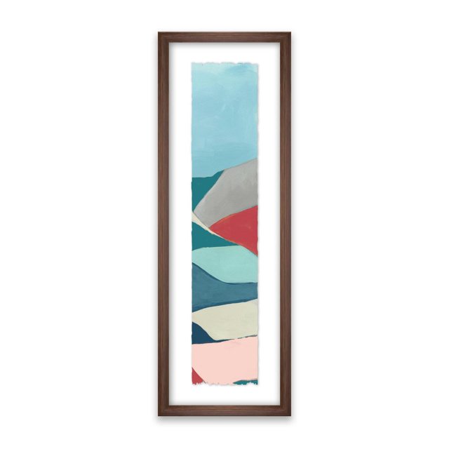 Artissimo Designs Geoscape II Impression sur Papier Encadré avec Verre 9l x 26H x 1,18p Présentant un design Abstrait vertical avec des Formes Superposées en Tons Bleu, Sarcelle, Gris, Rouge, Crème et Rose dans un Cadre Étroit en Bois Foncé, Convenant à une Présentation Murale Polyvalente.