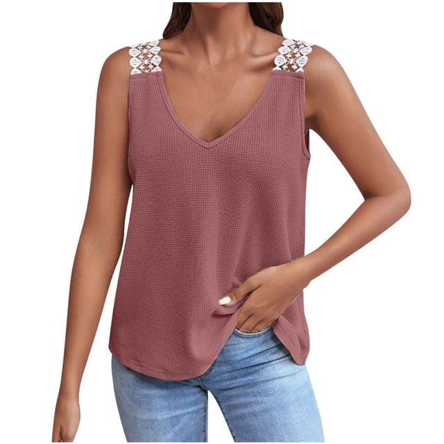Birdeem Mode Femmes Décontracté Col en V Sans Manches Dentelle T-Shirt Uni Blouse