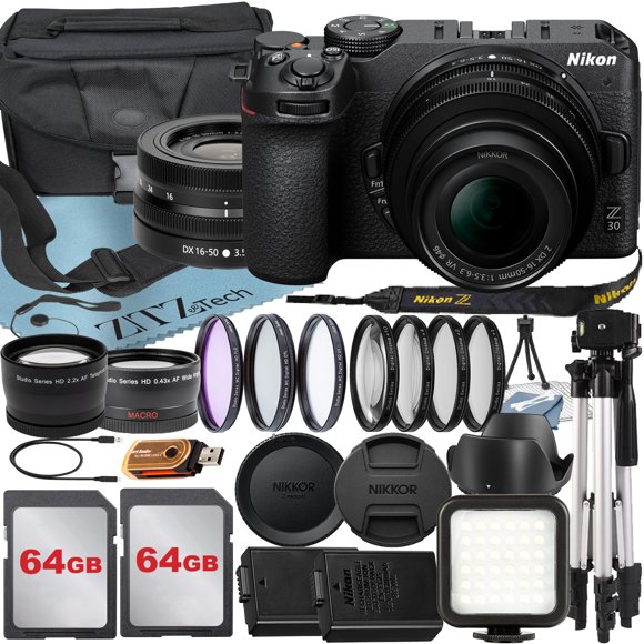 Nikon Z30 Appareil Photo Sans Miroir avec Objectif Zoom NIKKOR Z DX 16-50mm VR + 2 Cartes 64 Go + Étui + Téléobjectif + Trépied + Ensemble d'Accessoires ZeeTech