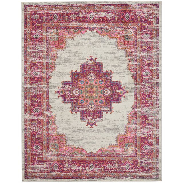 homeroots home decor 385326 8’ x 10' Ivory and Fuchsia Distressed Area Rug