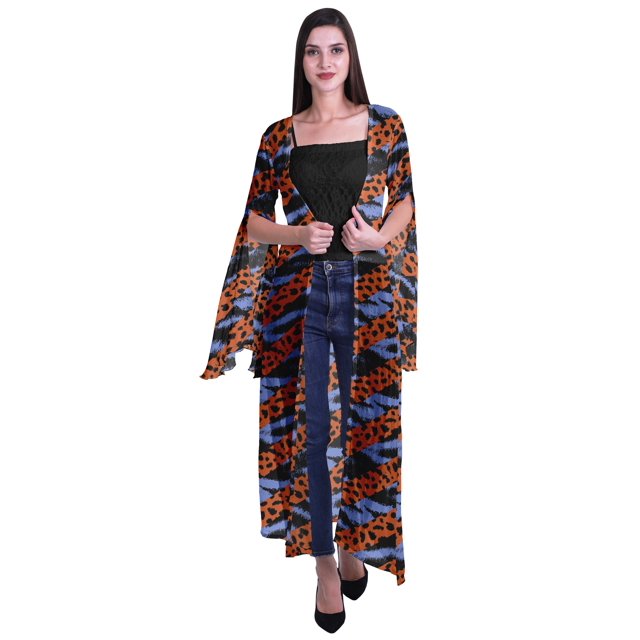 Moomaya Open Front Printed Georgette Shrug Slit Sleeve Beach Cover Up For Women