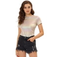 thumbnail image 1 of INSPIRE CHIC Women's Party Metallic Textured Short Sleeve Shiny Multicolor Top Beige M, 1 of 5