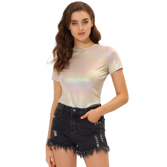 INSPIRE CHIC Women's Party Metallic Textured Short Sleeve Shiny Multicolor Top Beige M