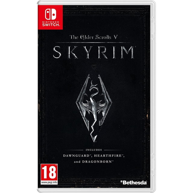 The Elder Scrolls V : Skyrim pour Nintendo Switch, un RPG Légendaire de Monde Ouvert Fantastique avec une Couverture Noire avec l'Emblème Emblématique du dragon et des Textes Détaillés Incluant des expansions Dawnguard, Hearthfire et Dragonborn. le logo Nintendo Switch Est visible dans le Coin Supérieur Gauche.