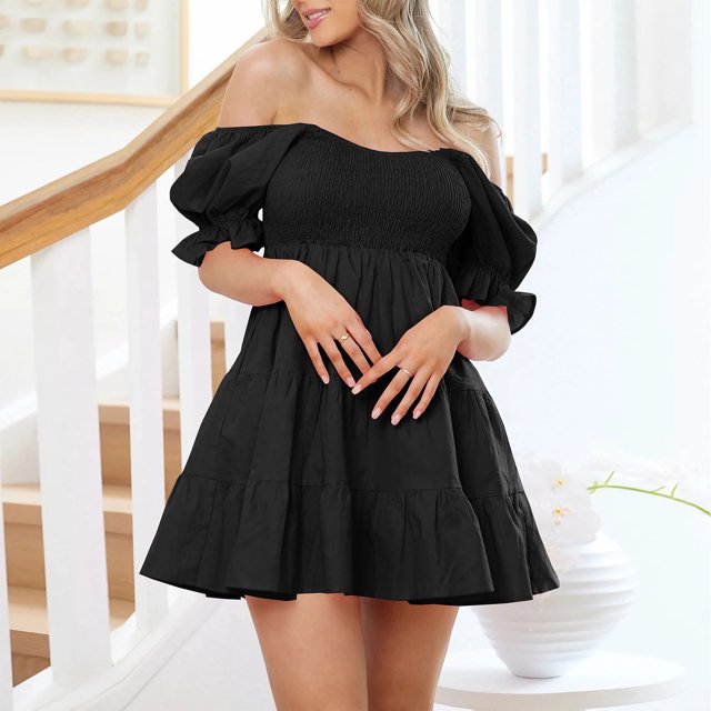 Mefallenssiah Robe Mode Femme Sexy Couleur Unie Manches Courtes Épaules Dénudées