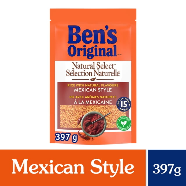 BEN'S ORIGINAL NATURAL SELECT Mexican Style Rice Side Dish 397g pouch with orange packaging featuring seasoned long grain parboiled rice infused with tomato and garlic, ready in 15 minutes without artificial flavours or preservatives, suitable for Mexican-inspired meals and casseroles.