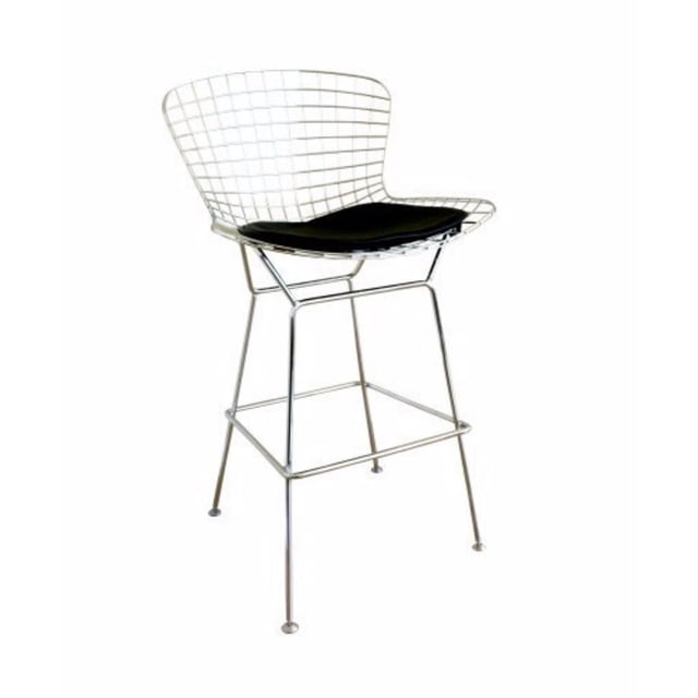 Nicer Furniture Bertoia Black Counter Stool with steel wire mesh seat and backrest in chrome finish, black leatherette seat pad, and four steel legs with plastic non-slip gliders and footrest bar. Measures 40"L x 25"W x 21"H. This modern kitchen counter stool is a high-quality reproduction ideal for kitchen and dining seating and often used as stylish bar seating.
