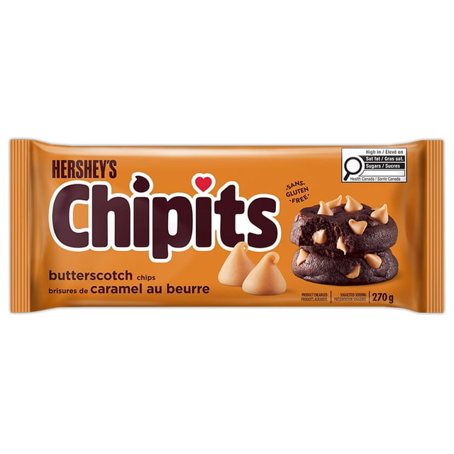 HERSHEY'S CHIPITS Butterscotch Baking Chips 270g bag with orange packaging featuring the Chipits logo, two butterscotch chips, and stacked chocolate cookies with butterscotch chips, gluten-free label, and Canadian nutrition warnings, suitable for enhancing cookies and brownies.