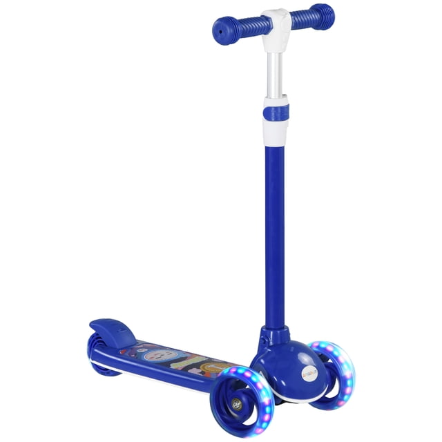 Qaba Kids Scooter for Ages 2-6, Toddler Scooter with LED Light, Blue. A vibrant blue kids' 3-wheel scooter featuring adjustable TPE handlebars and dazzling 3-colour LED light-up PU wheels. Designed for children aged 2-6, it offers a smooth ride and includes a rear brake for added safety. Made with durable PP, ABS, and steel materials, it has a quick-release mechanism for easy storage and transport.