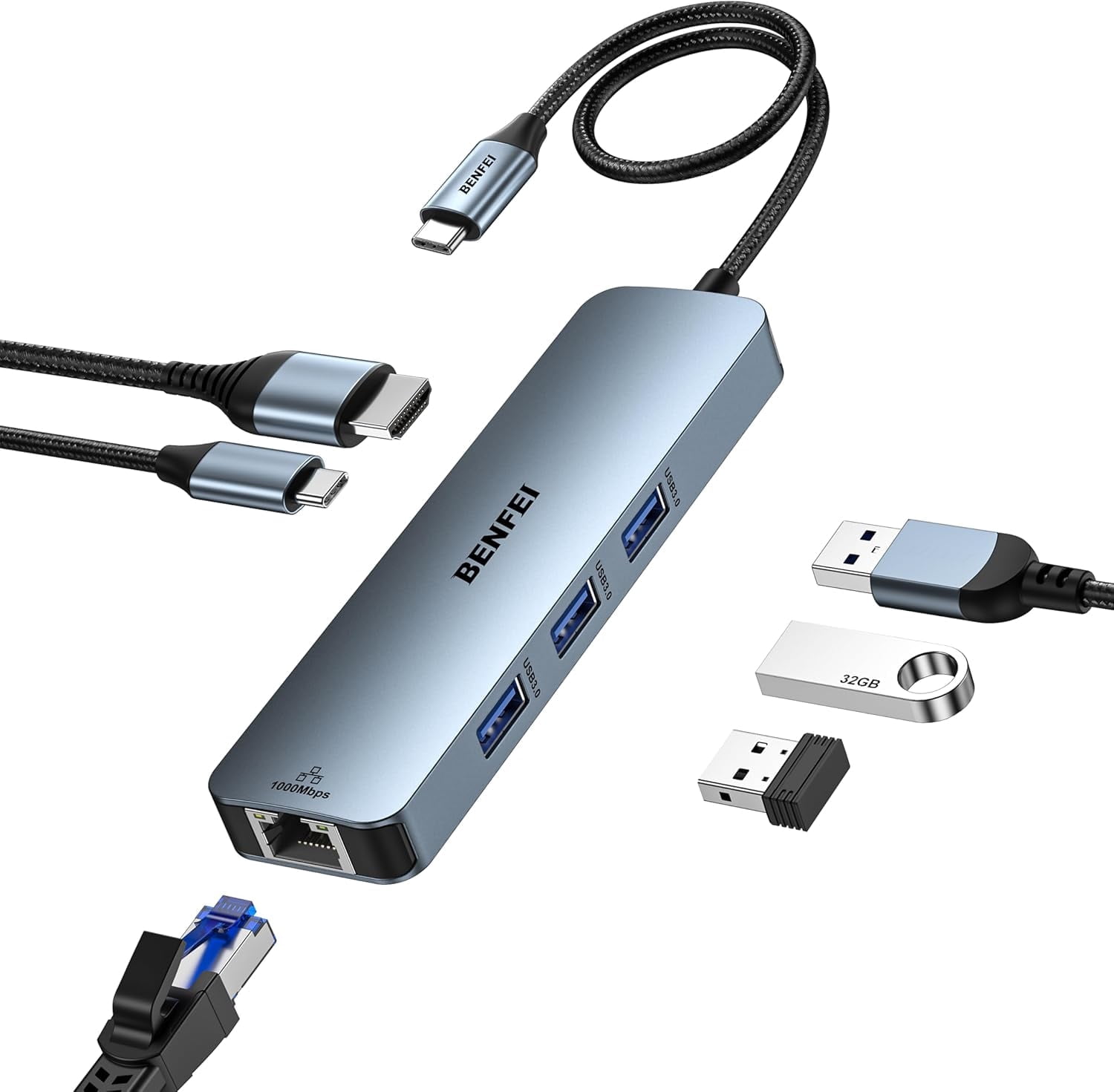BENFEI USB C HUB 6-in-1 with HDMI(4K@60Hz), Gigabit Ethernet, 100W Power Delivery, 3*USB 3.0