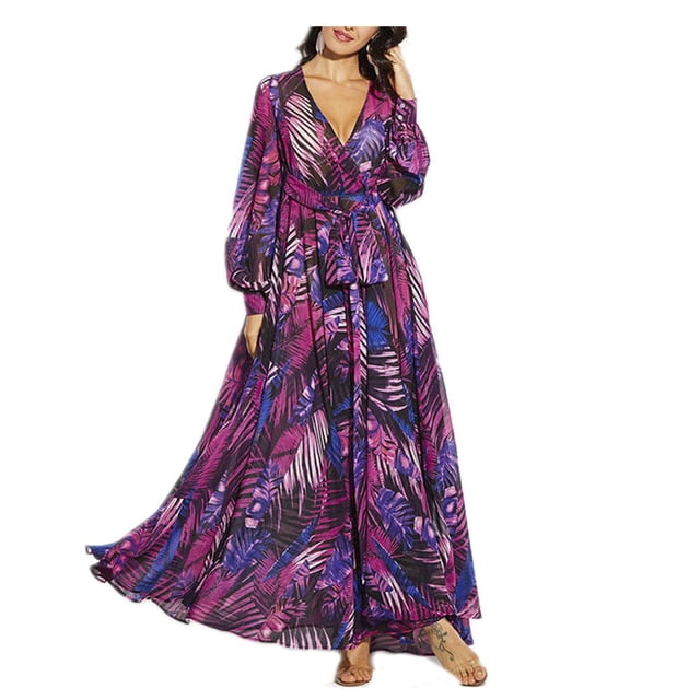 KEINXS Robe Maxi Bohème pour Femmes, Robe d'Été Tropicale à Fleurs, Manches Longues, Coupe Ample, Robe de Plage