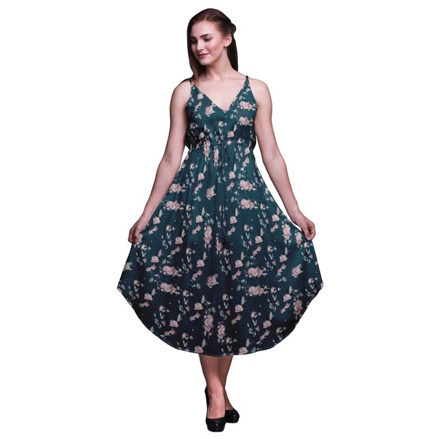 Bimba Robe à Imprimé Floral pour Femme, Bretelles Spaghetti, Col en V, Midi, Tenue de Plage - X-Grand