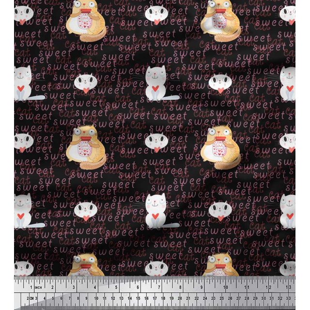 Soimoi Poly Crepe Fabric Sweet Cat Kids Printed Fabric 1 Yard 52 Inch Wide